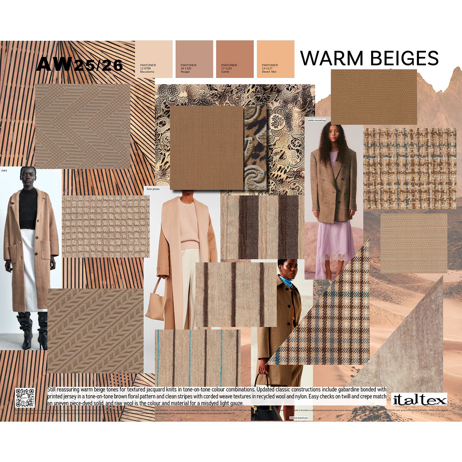 Four warm beige colour shades and eleven fabric swatches for women's wear autumn winter 25/26. Three are textured jacquard knits in tone-on-tone colour combinations. One is a gabardine bonded with printed jersey in a tone-on-tone brown floral pattern. Two are clean stripes with corded weave textures in recycled wool and nylon. Two checks: one on twil, one on crepe. One textured piece-dyed solid. One mis-dyed light gauze
