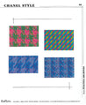 Four Chanel style fabrics: a fuchsia houndstooth on green; a blue houndstooth on light blue, a blue diagonal on a violet and yellow stripe, a blue stripe on light blue, in a diagonal structure