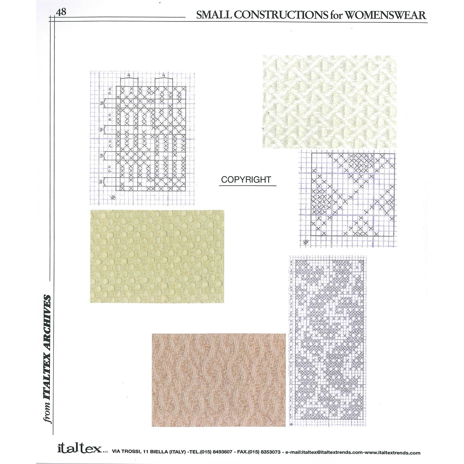 Three pictures of textured fabrics for women's wear with their weaves. One is a white fabric with a ribbed ground and a grid effect on it. One is a beige fabric with a burnt out effect that is instead the result of a special weave. One is a pinkish jacquard fabric drawing S shapes creating a braid pattern