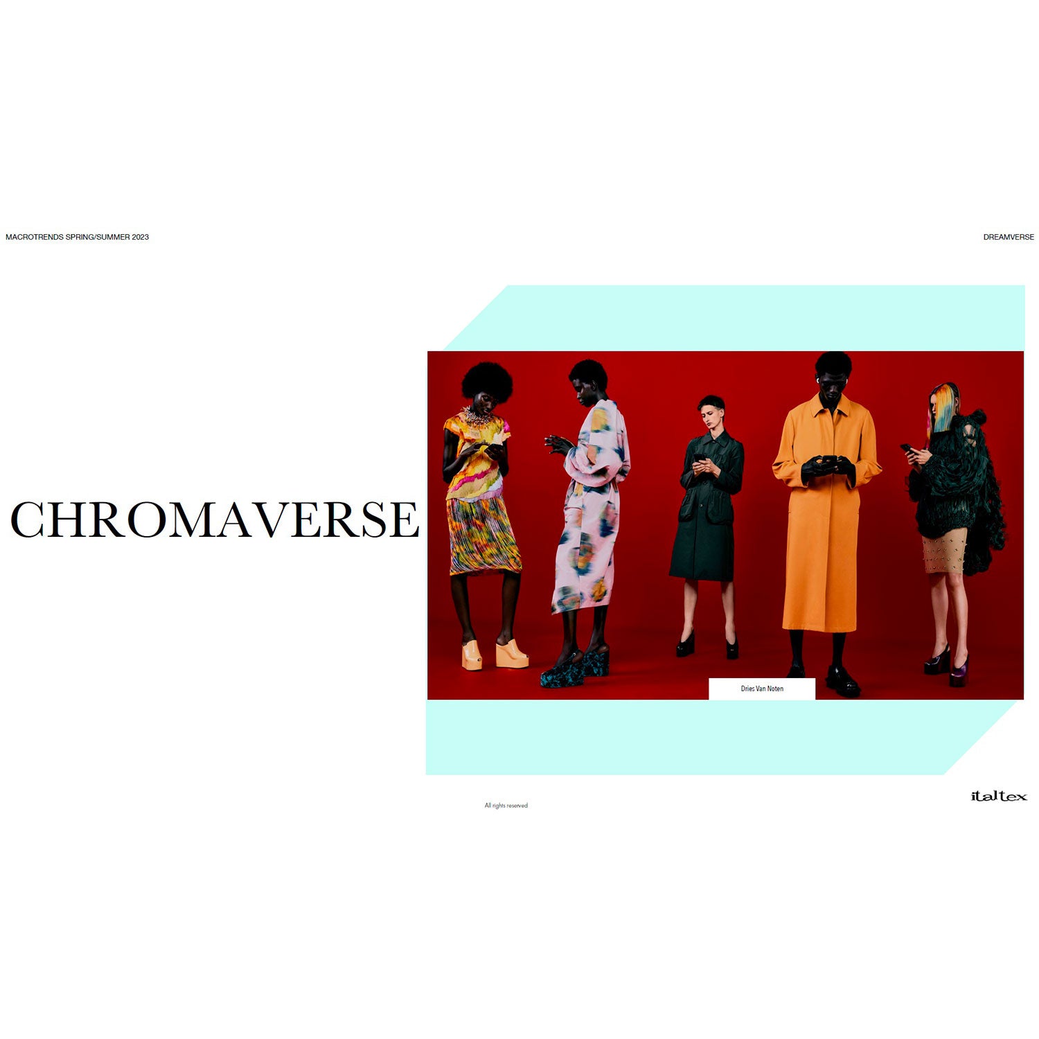 The picture introducing the color trend of Chromaverse shows five weomen busy with their smart phones. Burgundy ground. One wears an orange dress, another one a printed dress with a white ground; anotherone a fancy printed dress; one wears a light coat, and another one a balck jacket and beige skirt