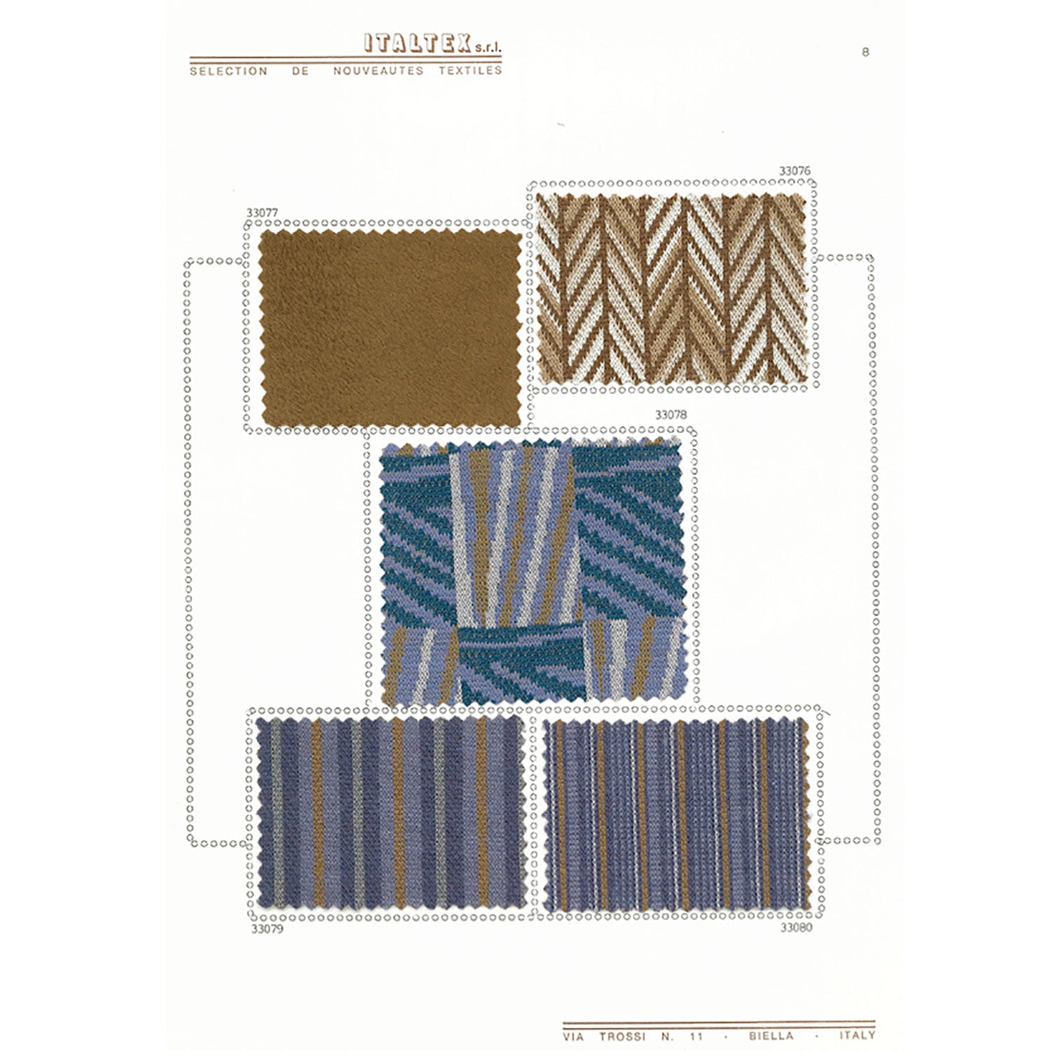 Five fabric swatches of knits for women's wear. One solid brown. One fancy jacquard white and brown shaded herringbone. One patchwork pattern made in jacquard jersey combining brown and white rays on a light blue ground, or a tone on tone fancy pattern in blue. Two striped patterns where white and brown stripes lay on a blue ground