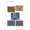 Five fabric swatches of knits for women's wear. One solid brown. One fancy jacquard white and brown shaded herringbone. One patchwork pattern made in jacquard jersey combining brown and white rays on a light blue ground, or a tone on tone fancy pattern in blue. Two striped patterns where white and brown stripes lay on a blue ground