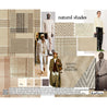 Eight trending fabrics for menswear FW 24/25 on a mood board. They are all in natural shades. Three cream, beige and brown overchecks in recycled wool. A cream and beige fancy jacquard herringbone for coats. A knitted white and beige herringbone  and an overcheck in the same colors. A wool/linen cream knit for sweatshirts and a warm beige wool/polyester knit