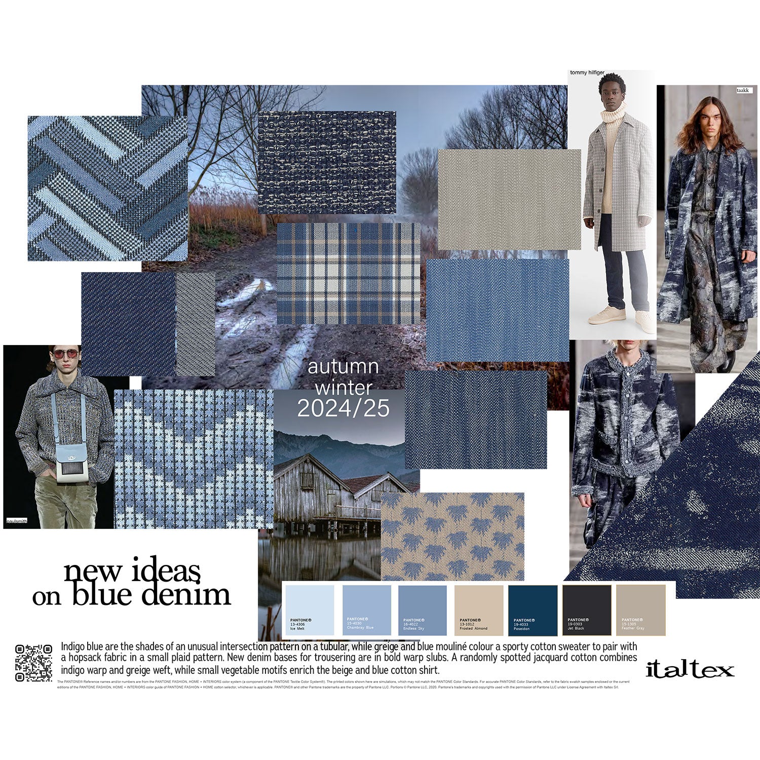 Nine fabric swatches for menswear denim. A herringbone effect tubular jersey. A white and light blue herringbone knit in unusual stitches. a double-face knit blue denim. Three uneven denim fabrics in greyish, bright and dark blue. One jacquard pattern knit. Printed blue leaves on a grey ground. A black, white and blue plaid check. A horizontal effect white and blue knit