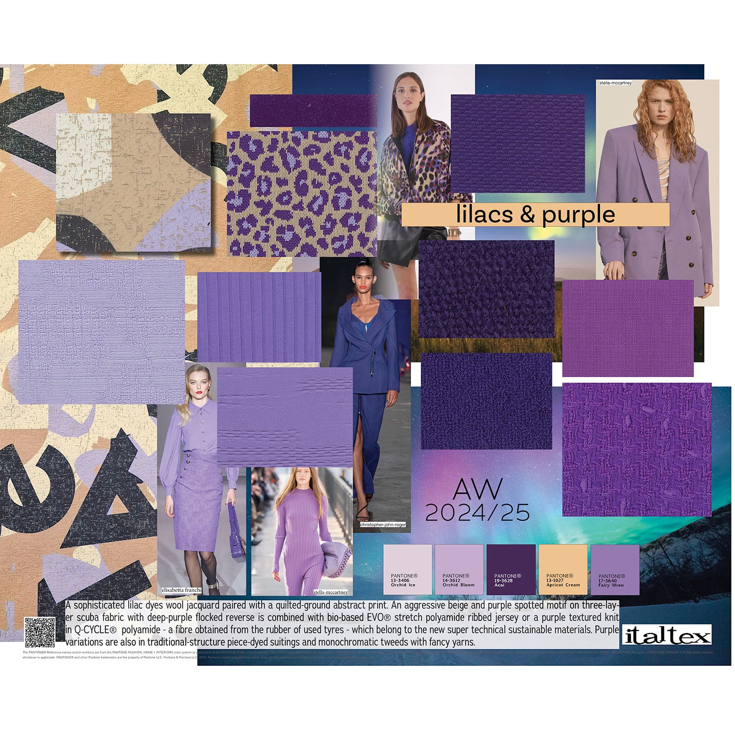 Nine fabric swatches for women's wear: one lilac jacquard for jackets, one stretch ribbed knit and one fancy lilac knit. One textured purple knit, one purple tweed with knotted yarns, two finely textured purple qualities. One Abstract print in beige, lilac, black and cream, one purple and lilac spotted motif on a beige ground