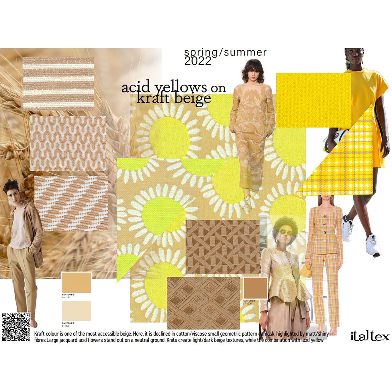 Women's wear fabrics: three white/beige knits: an horizontal stripe, a textured diagonal and a fancy small pattern in knits; two geometrical jacquards for dresses, suits or jackets; Jacquard big marguerite flowers on a beige ground, a textured yellow ribbed fabric and a yellow, white and grey check for jackets or dresses