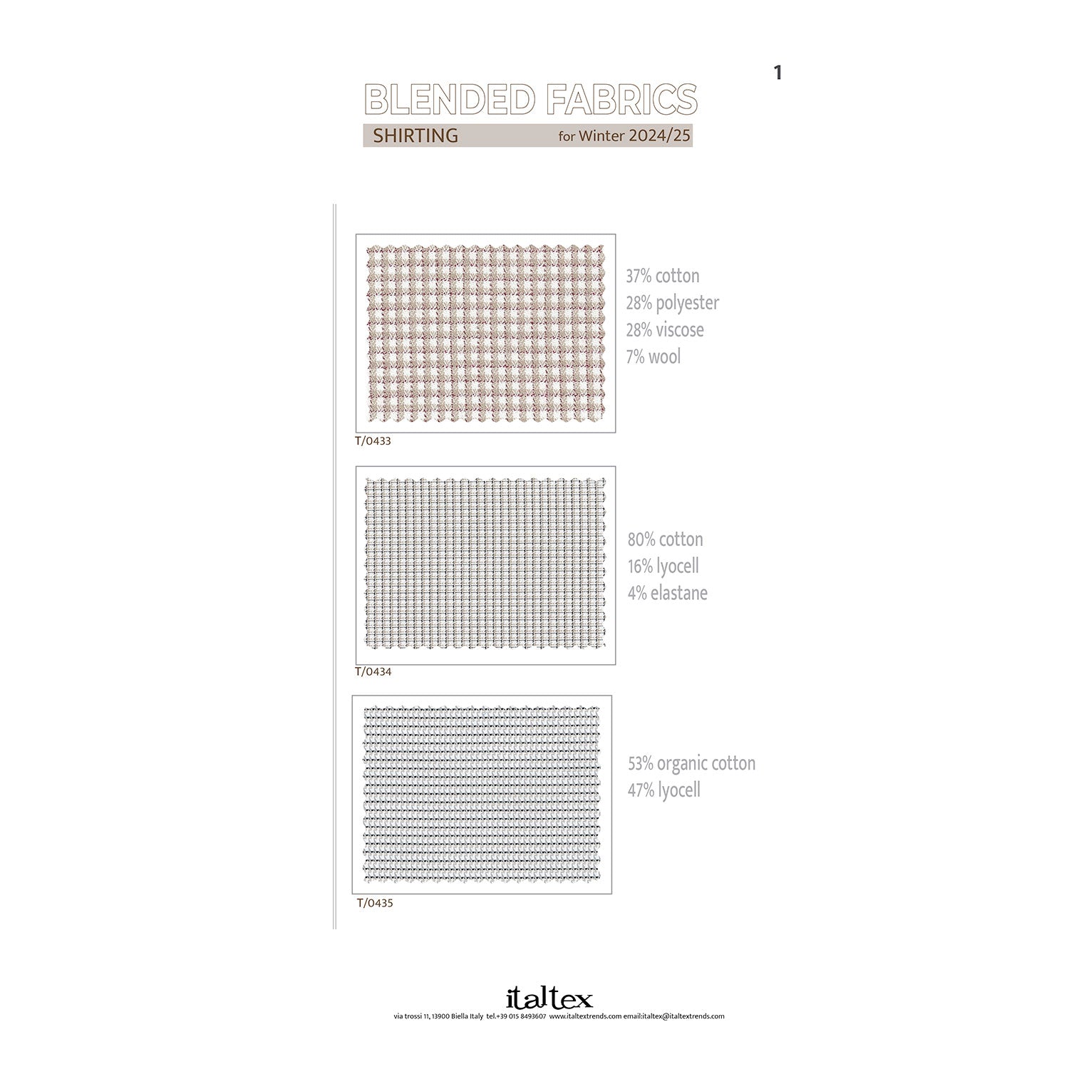 Three fabric swatches for men's shirts. One small white/beige/black gingham check in cotton/wool/polyester/viscose, a tiny black and white check in cotton/lyocell/elastane and a microstructure in organic cotton and lyocell