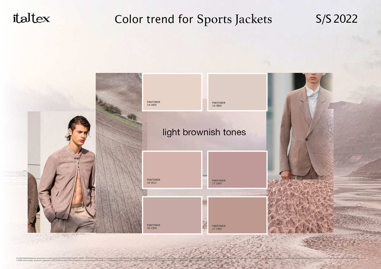 Color trend for sports jackets: light brownish tones. Six colors with Pantone reference codes and pictures of two solid jackets: a sports and a classic one.