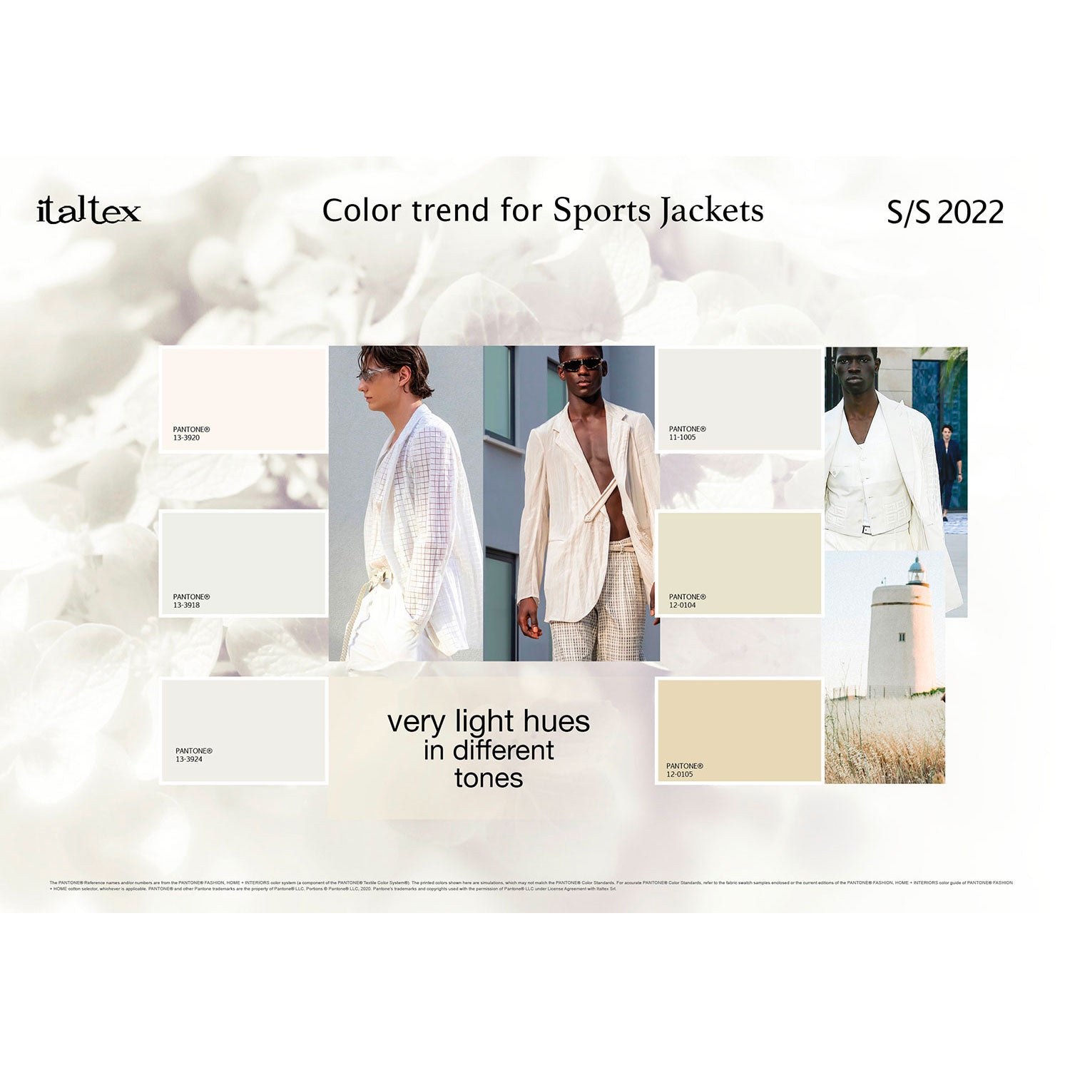 Very light hues in different tones. Six tinted whites with Pantone reference codes. Three pictures of solid jackets for men's wear