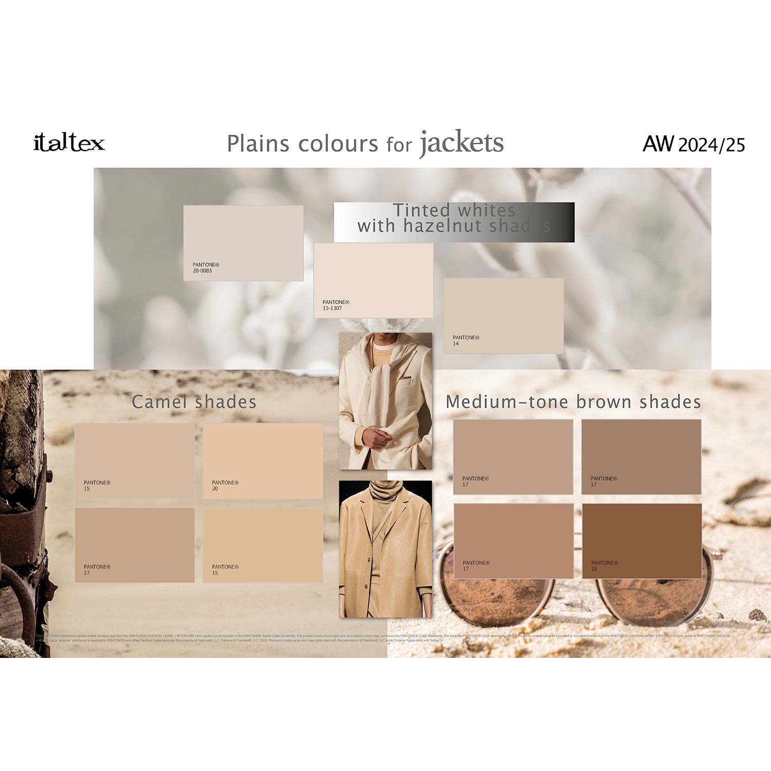 Eleven colors for jackets fall/winter 2024/25 in the light shades of browns including tinted whites with hazelnut shades, light camel tones and medium-tone brown shade, each with Pantone® codes