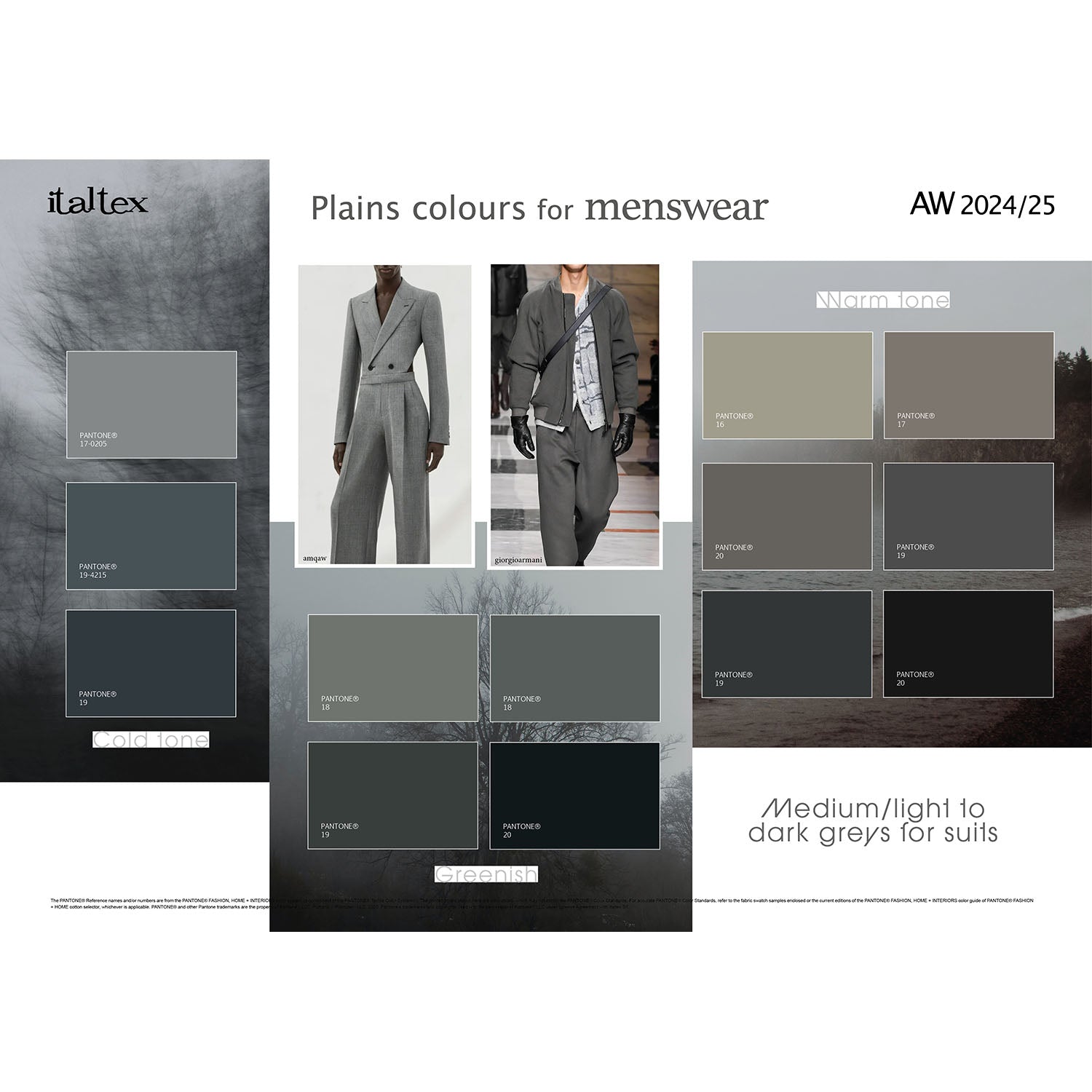 thirteen medium/light to dark grey tones for men's suits Winter 2024/25 with Pantone reference codes. They are presented in rectangular shapes. Two models from the runways suggest possible uses of fabrics in those colours.