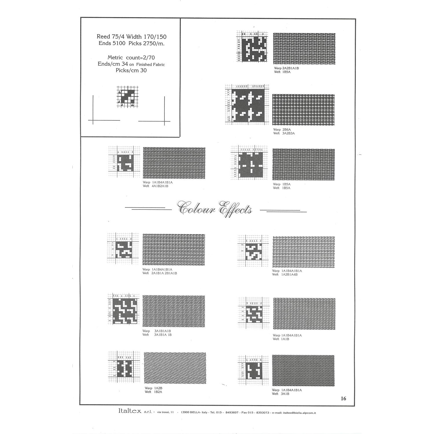 Ten colour effects for fabric construction with weaves, warp and weft notes, reeds, ends and picks per meter, yarn's metric count presented in black and white