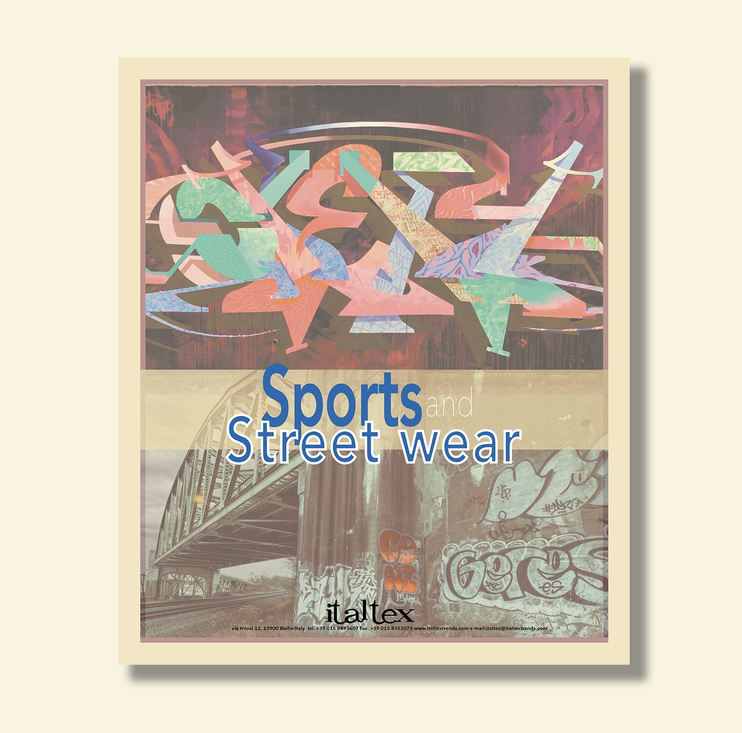 The cover of Italtexthe  Sports and Street fabric and color trend book shows two murales featuring the urban landscape