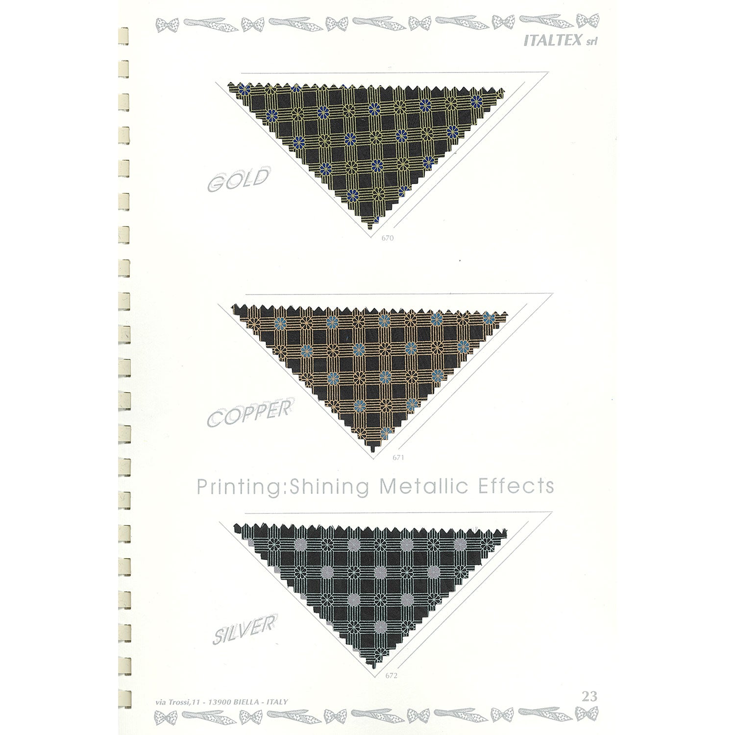 Three fabric swatches from vintage printed ties: fancy window-pane checks with flowers at the intersections: pearl grey/silver/black, beige/cocoa brown/light blue/copper, beige/dark brown/blue/gold