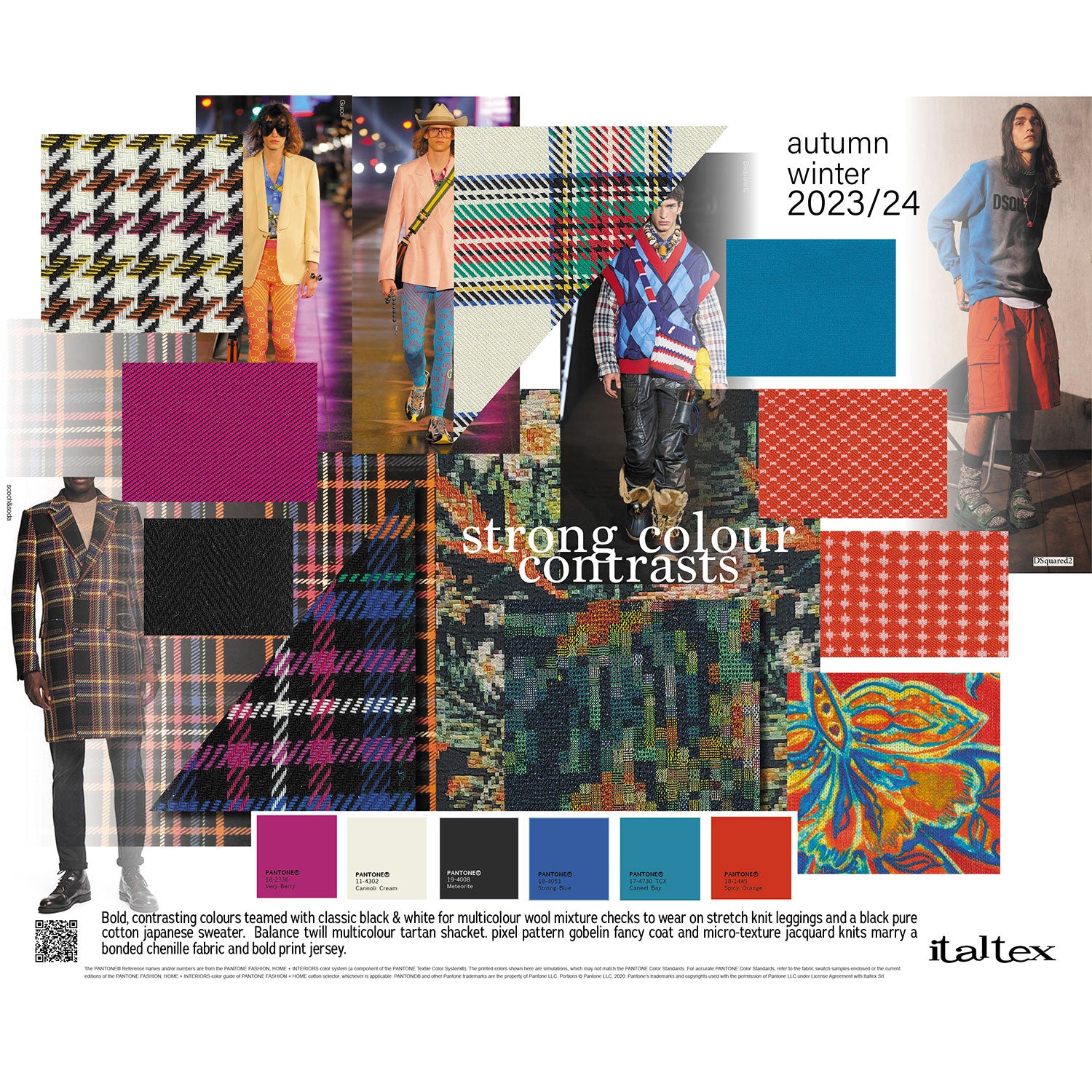 Men's wear fashion trend Spring/Summer 2022: bold, contrasting colours teamed with classic black & white for multicolour wool mixture checks to wear on stretch knit leggings and a black pure cotton Japanese sweater.  Balance twill multicolour tartan shacket. Pixel pattern Gobelin fancy coat and micro-texture jacquard knits marry a bonded chenille fabric and bold print jersey