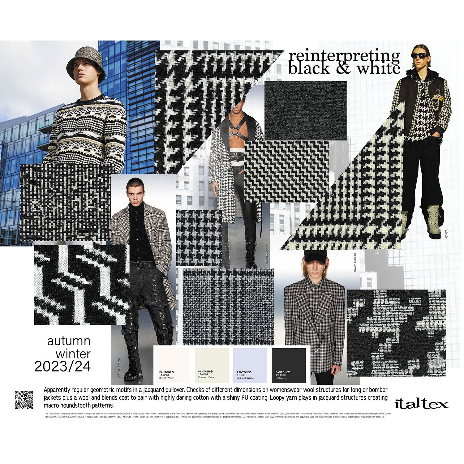 Men's wear fashion directions for Autumn/Winter 2023/24: apparently regular geometric motifs in a jacquard pullover. Checks of different dimensions on womenswear wool structures for long or bomber jackets plus a wool and blends coat to pair with highly daring cotton with a shiny PU coating. Loopy yarn plays in jacquard structures creating macro houndstooth patterns