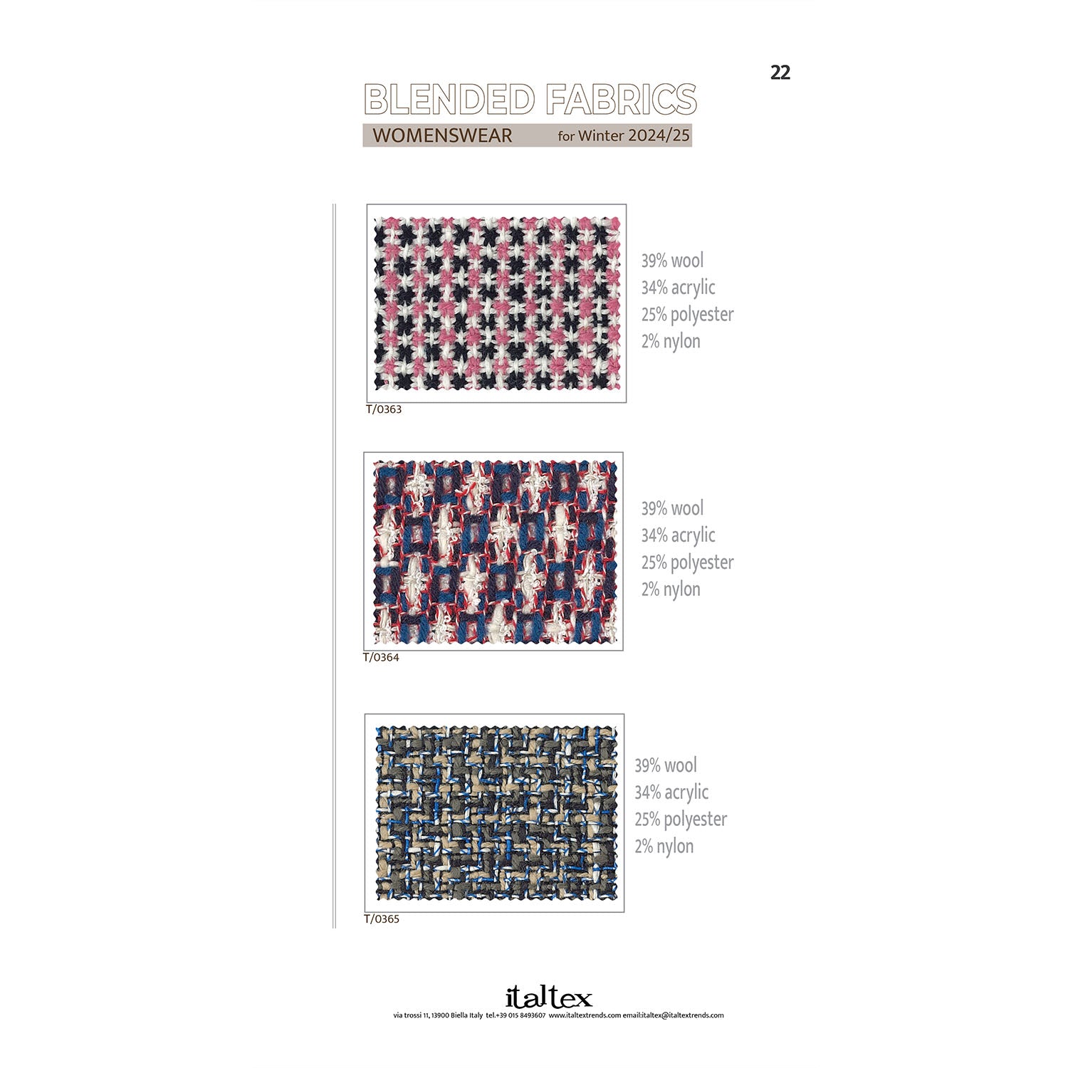 Three women's wear fancy fabric swatches in cool, acrylic, polyester and nylon. A black, white and pink stars pattern. A white, blue and red coarse tweed. A light and medium grey plus blue fancy yarn tweed
